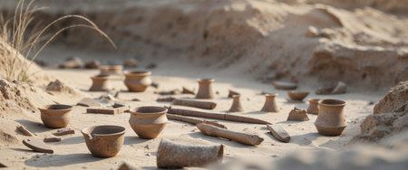 AI Generated. Archaeological dig site showing tools and partially excavated pottery fragmentsの素材