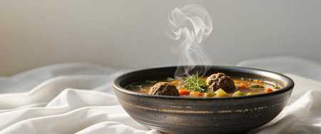 AI Generated. Aromatic and hearty vegetable soup with meatballs served in a dark bowlの素材