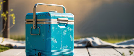 AI Generated. Bright Blue Vintage Style Cooler for Outdoor Activities and Gatheringsの素材