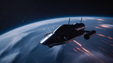 AI Generated. Spacecraft orbiting Earth with illuminated cities visible from above at nightの素材