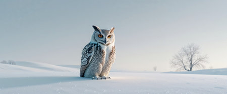 AI Generated. Majestic Owl in Snowy Landscape with Striking Orange Eyeの素材