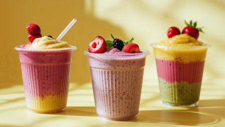 AI Generated. Colorful smoothies in plastic cups on yellow backgroundの素材