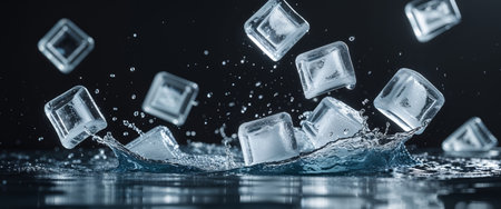 AI Generated. Ice Cubes Falling with Water Splash on Black Background Creating Refreshing Visual Effect and Cool Atmosphereの素材