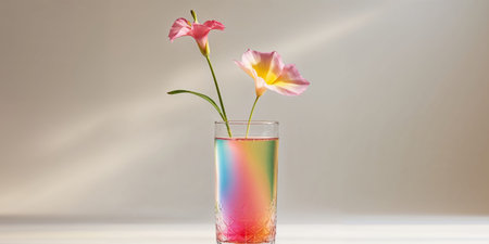 AI Generated. A glass filled with a colorful drink with a flower in itの素材