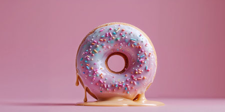 AI Generated. Colorful Frosted Donut with Sprinkles and Melting Glaze on Pink Backgroundの素材