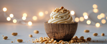 AI Generated. Delicious creamy dessert served in a wooden cup with peanuts scattered around and twinkling lights in the backgroundの素材
