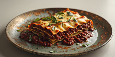 AI Generated. Delicious homemade lasagna with rich meat sauce and herbs on a rustic plateの素材