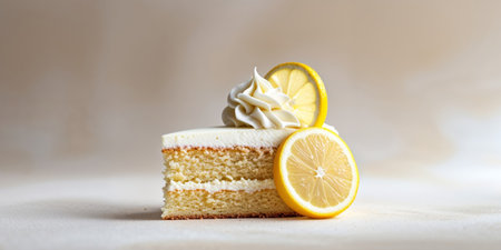 AI Generated. Delicious lemon cake slice with frosting and lemon garnish on a light backgroundの素材
