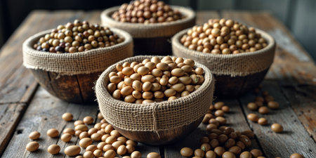 AI Generated. Different types of legumes are overflowing from rustic wooden bowls wrapped in burlap on a wooden tableの素材