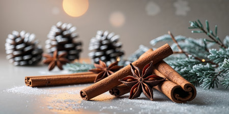 AI Generated. Festive Cinnamon Sticks and Star Anise Arrangement with Winter Accentsの素材