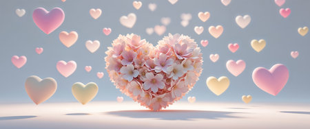 AI Generated. Floral Heart Surrounded by Floating Heartsの素材