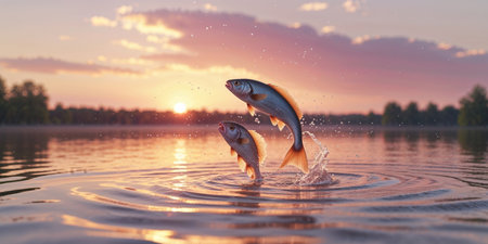 AI Generated. Fish leap gracefully into the golden waters during sunset near a tranquil lakesideの素材