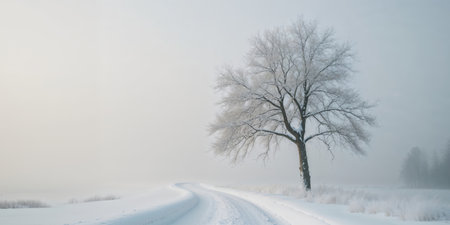 AI Generated. Foggy winter landscape featuring a solitary tree on a snowy pathの素材