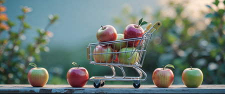 AI Generated. Fresh apples in a miniature shopping cart outdoorsの素材