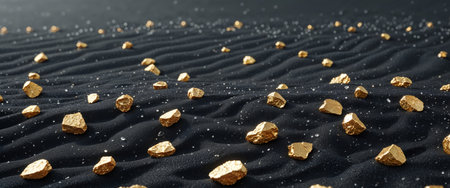 AI Generated. Gold nuggets and crystals on black sand create a striking natural borderの素材