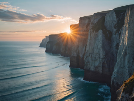 AI Generated. Majestic Cliffs and Golden Sunset over the Ocean Coastlineの素材