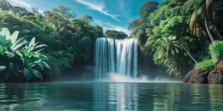 AI Generated. Majestic waterfall cascading into a serene pool surrounded by lush greenery and a clear blue skyの素材