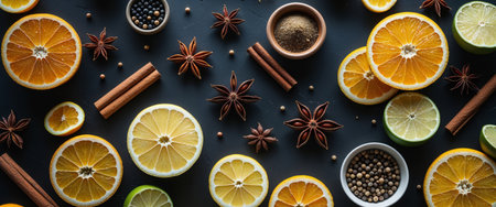 AI Generated. Overhead Shot of Citrus Fruits and Spices on Dark Backgroundの素材
