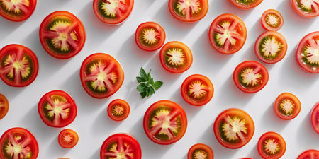AI Generated. Overhead View of Fresh Tomato Slices in Juice Ideal for Food Blog Recipe Websites and Culinary Publicationsの素材