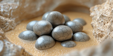 AI Generated. Petrified turtle eggs are embedded in light tan rock matrixの素材