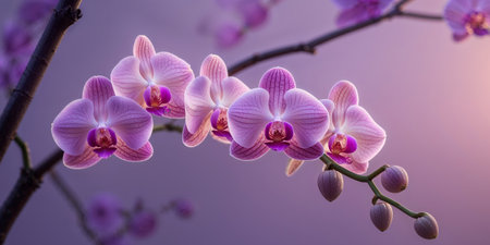 AI Generated. Pink orchids on a tree branch with soft purple light and copy spaceの素材