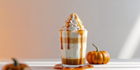 AI Generated. Pumpkin pie shake with caramel and whipped creamの素材