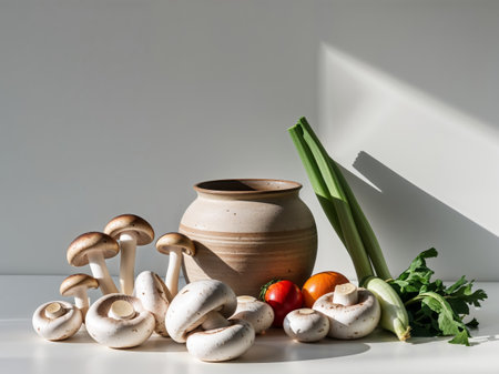 AI Generated. raw mushrooms and other vegetables next to a ceramic potの素材