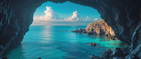 AI Generated. Scenic View from Cave Opening Overlooking Turquoise Sea and Rocky Coastline Under Clear Blue Skyの素材