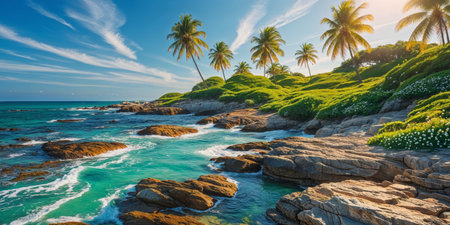 AI Generated. Serene coastal view of a rocky shoreline with clear water and greenery on a sunny dayの素材