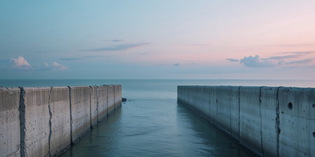 AI Generated. Serene Seascape with Concrete Walls at Dawnの素材
