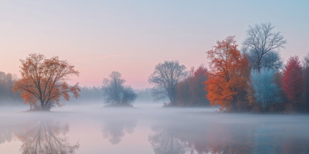 AI Generated. Serene winter landscape with colorful trees and calm water at dawnの素材