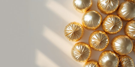 AI Generated. Shiny golden pom poms for festive celebrations and eventsの素材