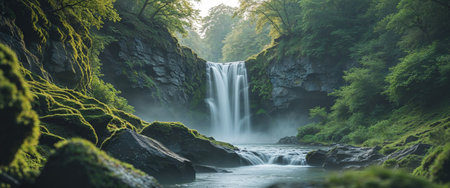 AI Generated. Serene waterfall cascading down rocky cliffs surrounded by lush greenery and soft sunlight filtering throughの素材