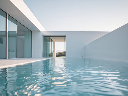 AI Generated. Side view of a swimming pool in a modern houseの素材