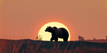 AI Generated. Silhouette of a bear at sunset in a wildlife landscapeの素材