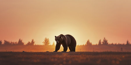 AI Generated. Silhouette of a bear at sunset in a wildlife landscapeの素材