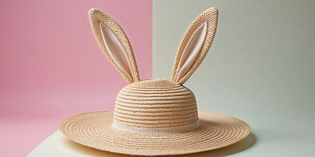 AI Generated. Straw hat with bunny ears for festive occasions and celebrationsの素材