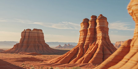 AI Generated. Stunning orange rock formations in a desert landscape with layered textures and soft lightingの素材