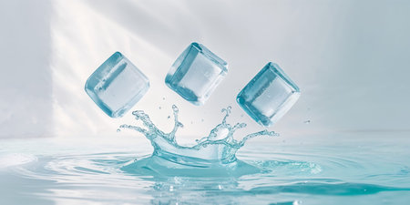 AI Generated. three ice cubes falling and splashing into waterの素材