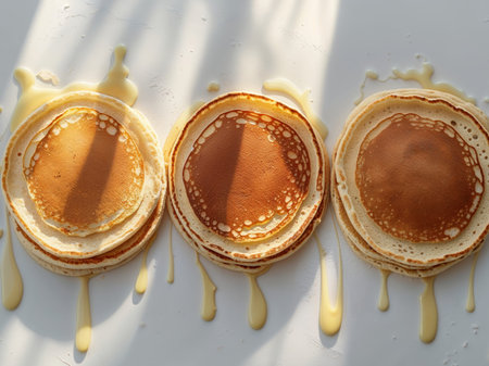 AI Generated. Three golden brown pancakes arranged in a rowの素材