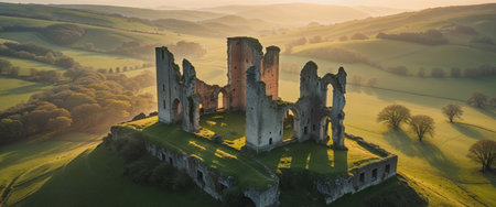 AI Generated. Aerial view of ancient castle ruins on a hill in a green valley at sunsetの素材