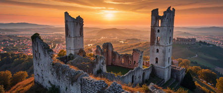 AI Generated. Ancient hilltop castle ruins overlooking a sprawling valley town at sunsetの素材