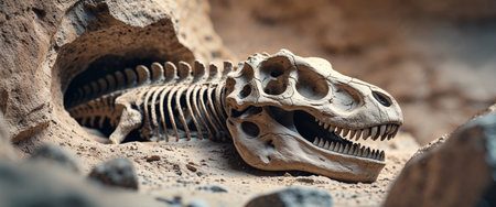 AI Generated. Ancient dinosaur fossil embedded in rock surface with rib cage and skull visibleの素材