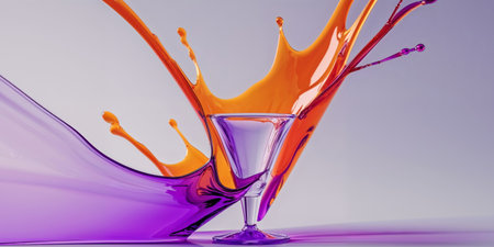 AI Generated. an abstract representation of orange and purple colors splashing over a glass cone with aesthetic view of orange dominationの素材
