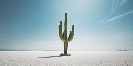 AI Generated. Cactus Surrounded by White Gravel with a Clear Sky Background and Building in the Distance Featuring Space for Text Overlayの素材