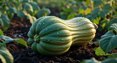 AI Generated. Fresh green sweet meat squash with dew on the soilの素材