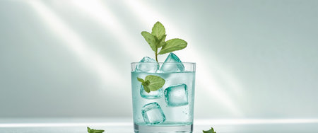 AI Generated. Fresh Mint and Ice Cubes in a Glass for Refreshing Drinksの素材