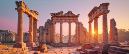 AI Generated. Majestic Ancient Ruins Bathed in Golden Sunset Lightの素材