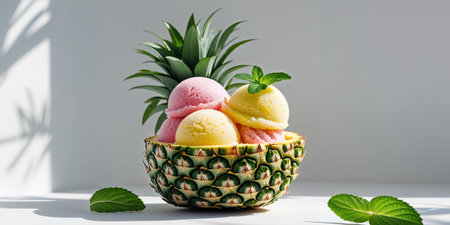 AI Generated. Tropical fruit sorbet served in pineapple shellの素材