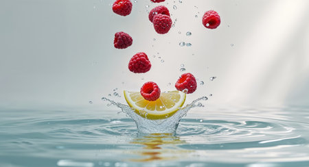 AI Generated. A bunch of fruit falling into the water with a slice of lemon and raspberriesの素材